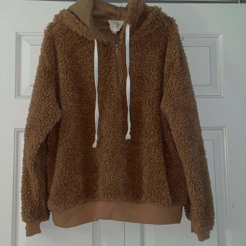 Tan Sherpa hoodie pull over